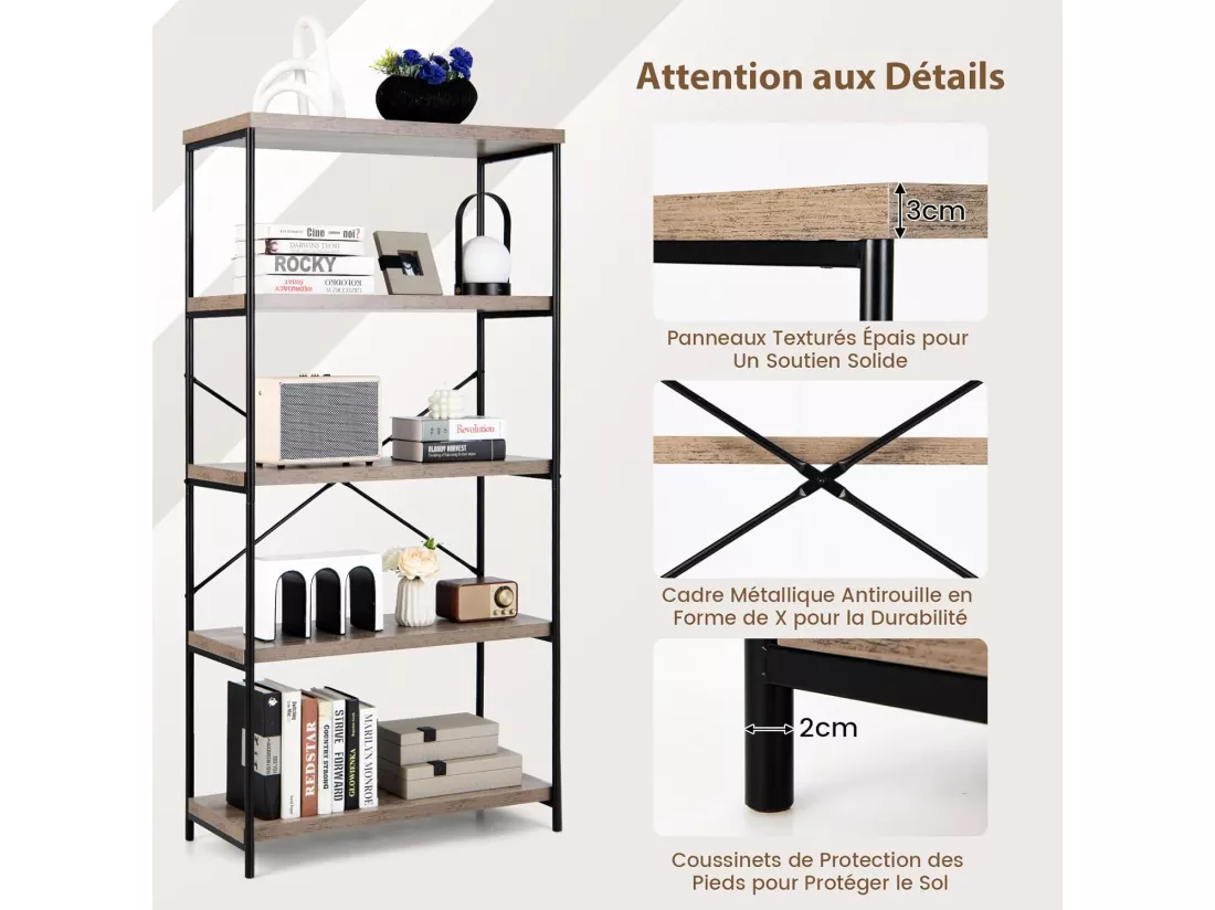 Bibliothèque Étagère à 5 Niveaux, Bibliothèque Industrielle en Bois avec Cadre en Métal, Dispositif Anti-Basculement (Gris)
