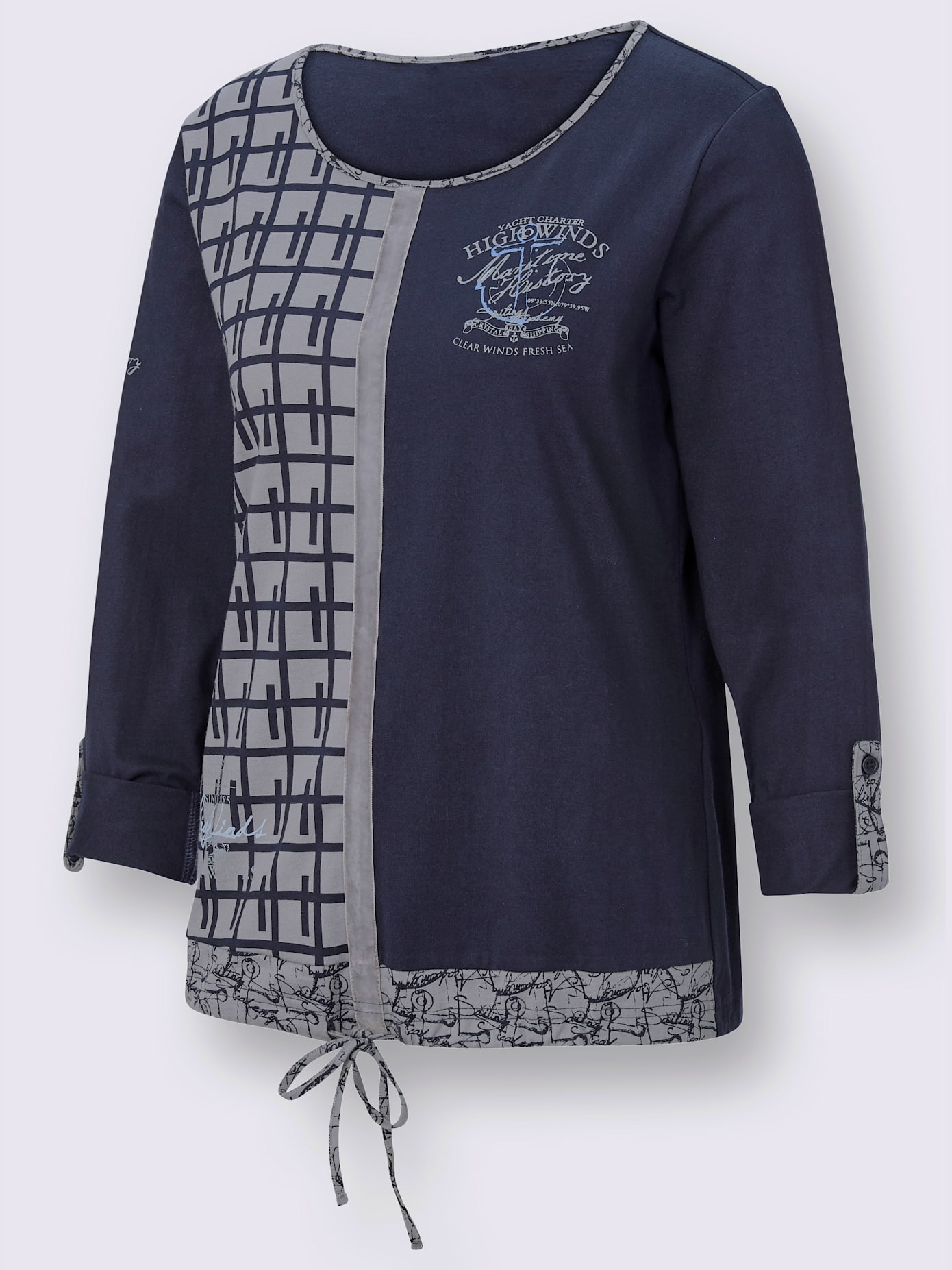 T-shirt imprimé nautique col rond manches longues retroussables et ceinture à nouer