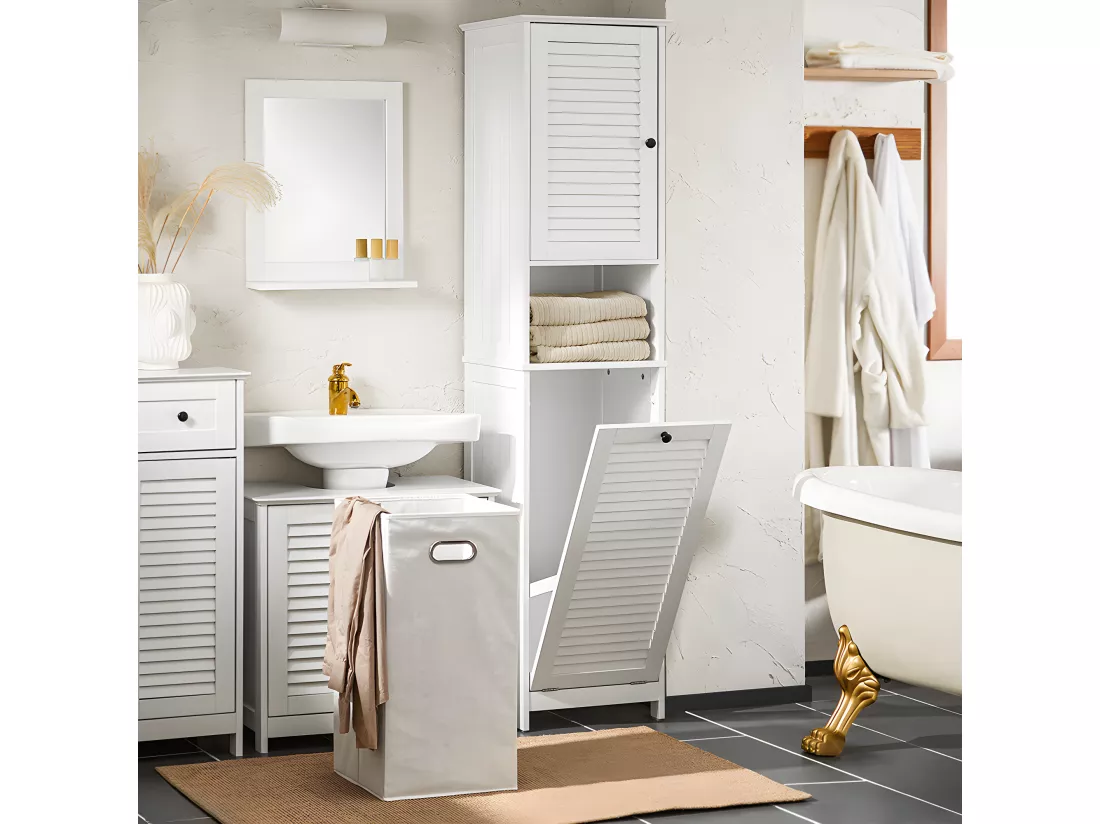 SoBuy Meuble Colonne de Salle de Bain, Placard Armoire Toilette Haute, Meuble de Salle de Bain, Meuble de Rangement avec 1 Porte, 1 Tiroir et 1 Panier à Linge Amovible, 40x38x170cm, BZR124-W