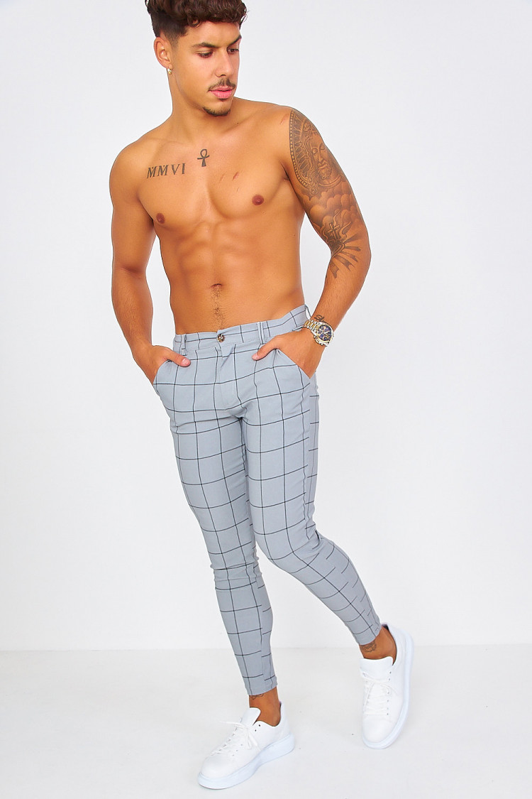 Pantalon à pince gris à carreaux