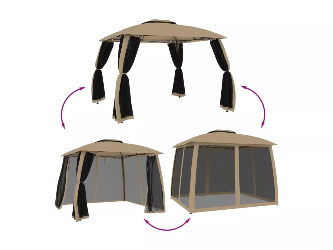 Tonnelle avec double toit et parois en filet taupe acier