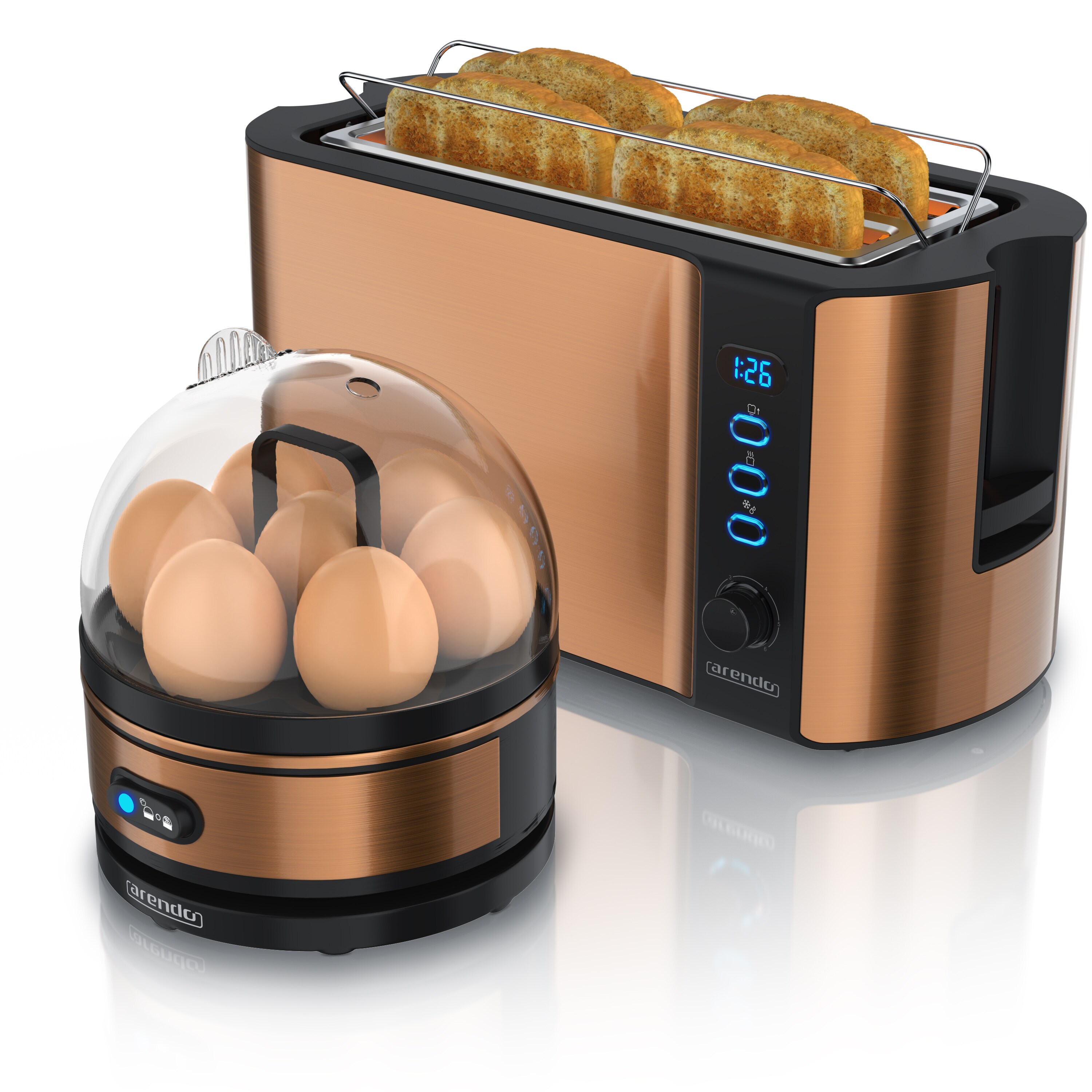 Arendo - SET Toaster FRUKOST mit Eierkocher SEVENCOOK Edelstahl Kupfer, Toaster 4 Scheiben, LED-Display, 6 Bräunungsgrade, Brötchenhalter - Eierkocher
