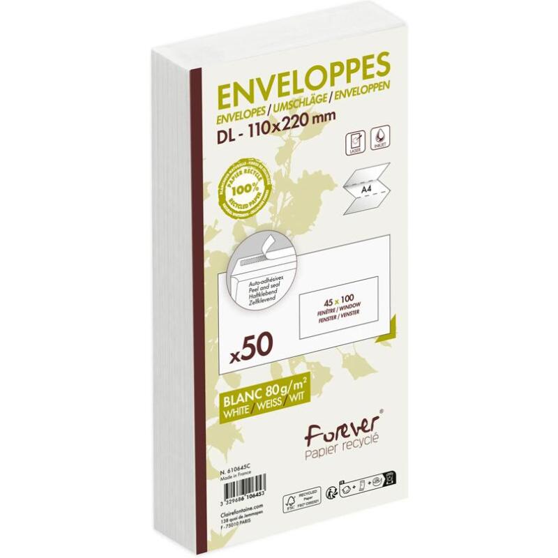 Enveloppe Forever blanche 100% recyclée 80 g/m² auto-adhésive avec bande de protection - Paquet de 50