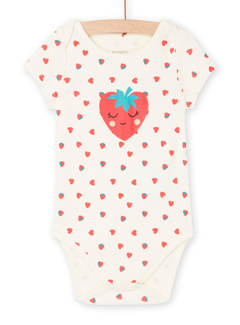 Body écru en coton biologique à imprimé fraises et coeurs