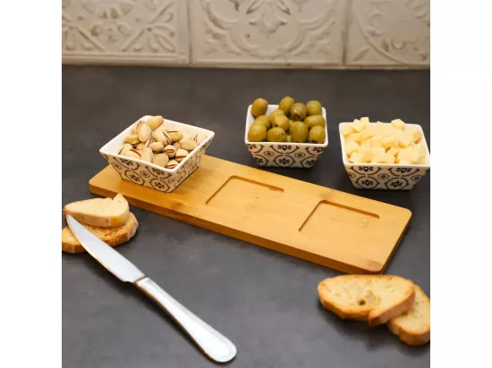 ~ Set apéritif tapas 3 verrines en bambou et céramique blanc et marron 36.5 x 10 cm