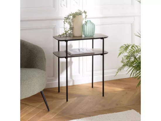 FLEUR - Table d'appoint double plateau couleur mocha pieds métal noir