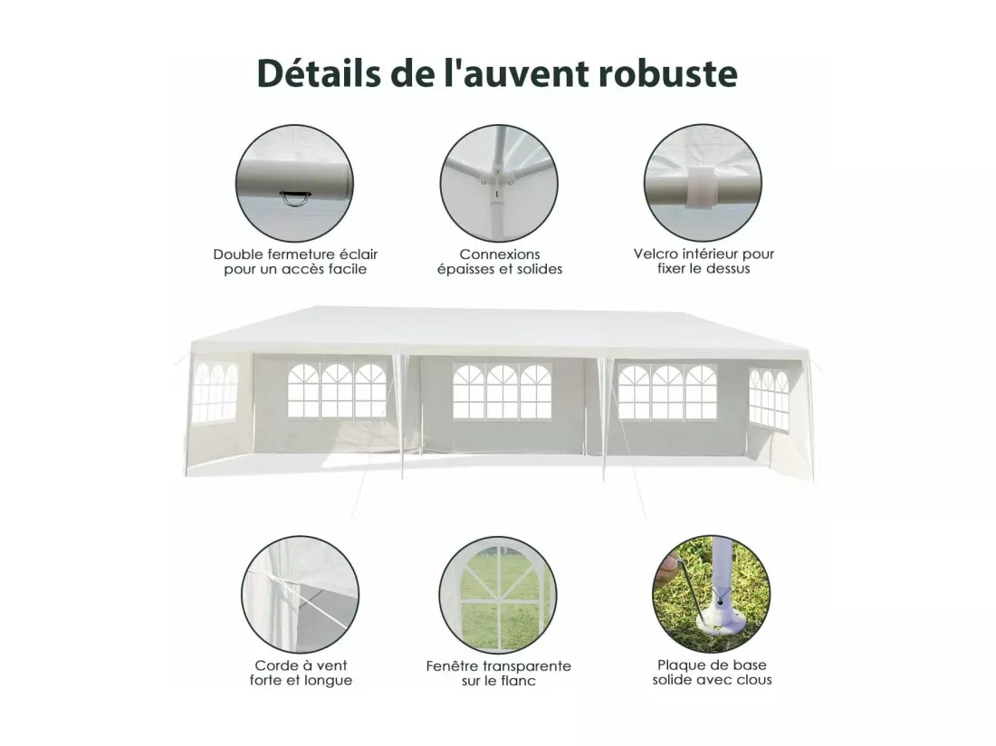 Tonnelle de Jardin Extérieur/Barnum 3x9m-27㎡ Tente de Réception avec 5 Parois Amovibles Piquets de Terre et Fenêtre sur Côté