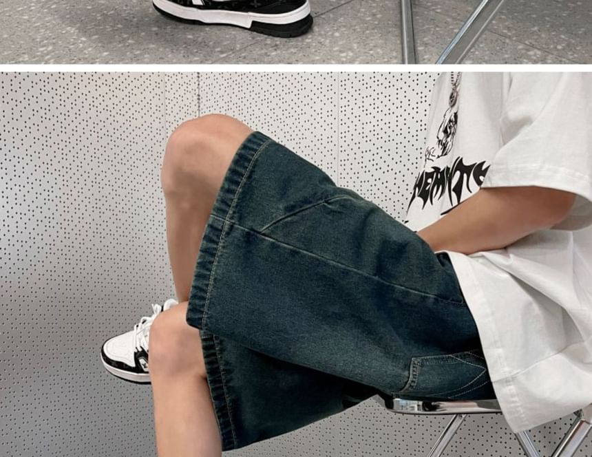 Phoneus - Mid Rise Washed Panel Denim Shorts