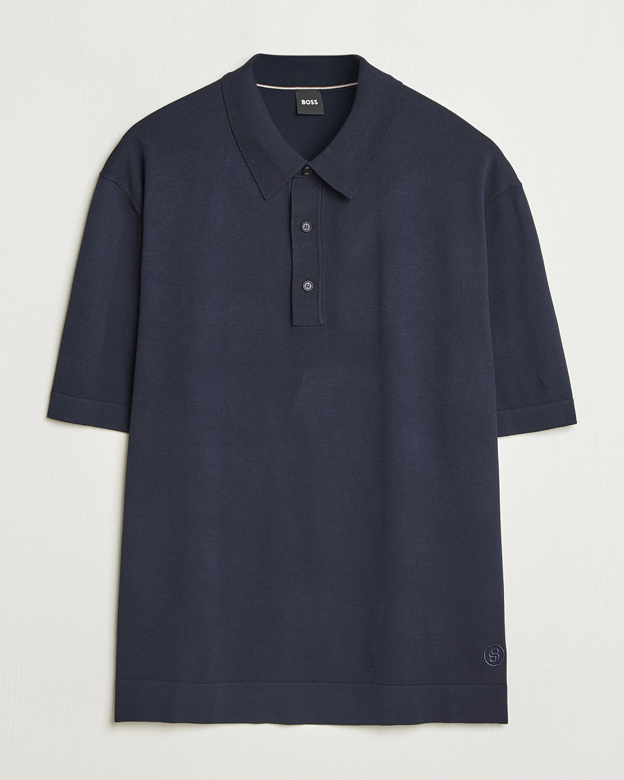 BOSS BLACK Jervasoni Cotton/Silk Knitted Polo Dark Blue