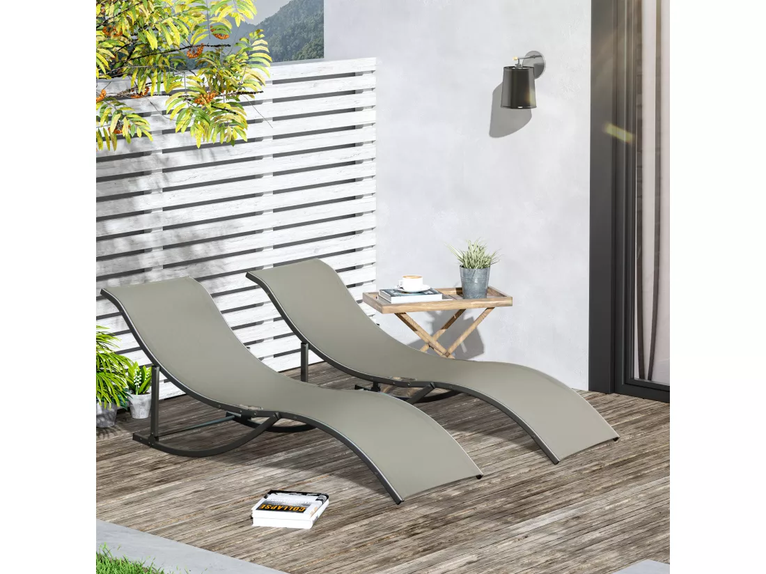 Lot de 2 bains de soleil pliables design contemporain - lot de 2 transats ergonomiques - alu. textilène gris clair