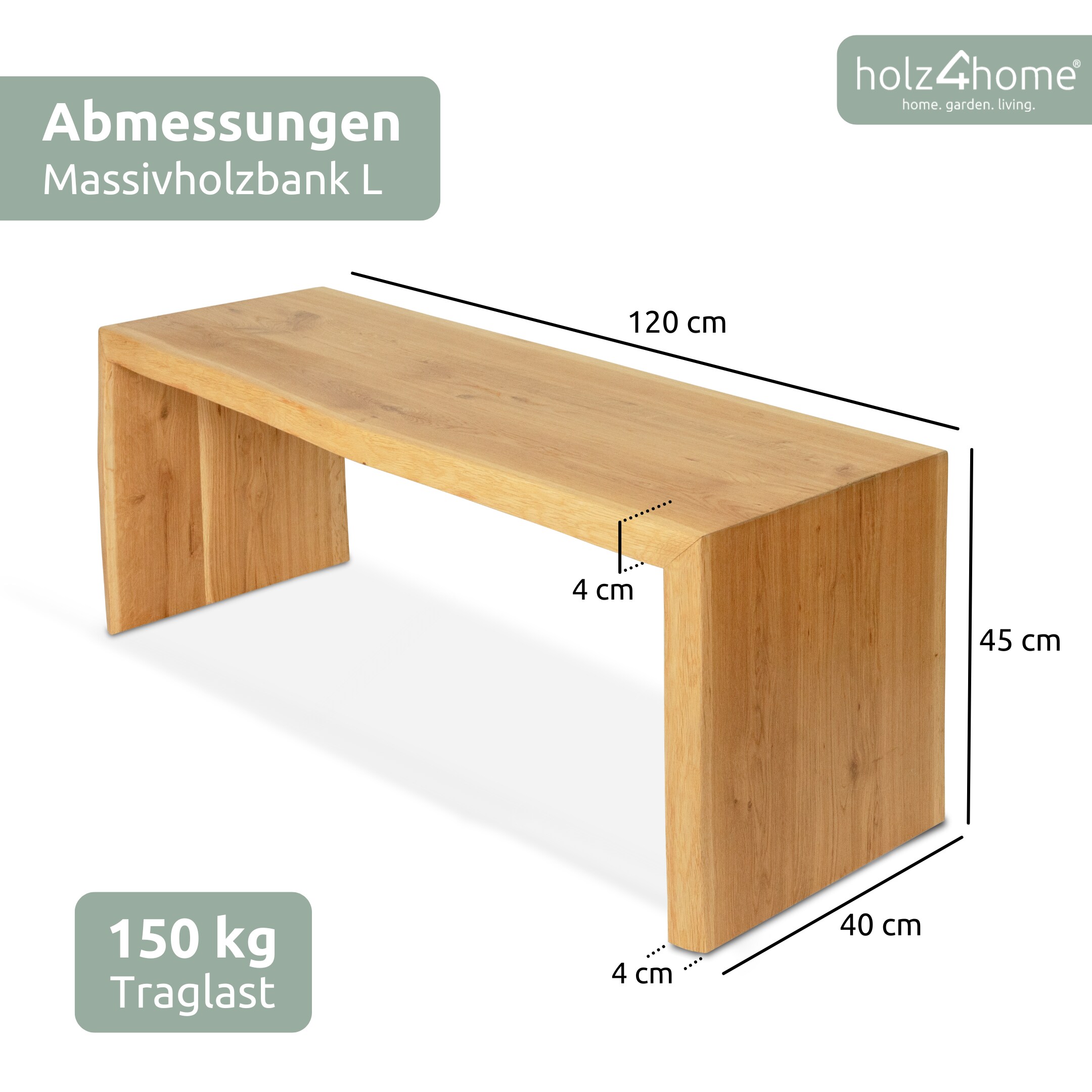 holz4home® Massivholz Hocker I Bank aus Eiche mit Baumkante | L