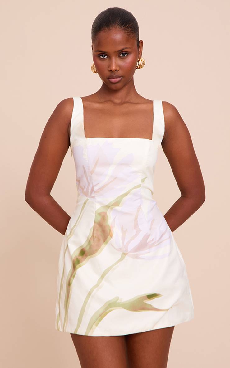 Crème Robe Trapèze Fluide À Imprimé Floral