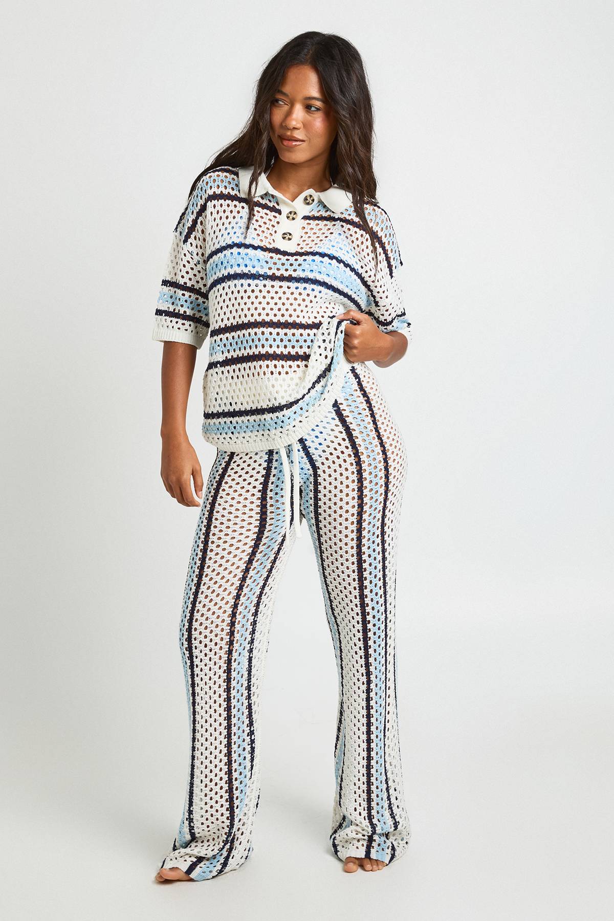 boohoo Ensemble Chemise Boutonnée Et Pantalon Large En Crochet Rayé