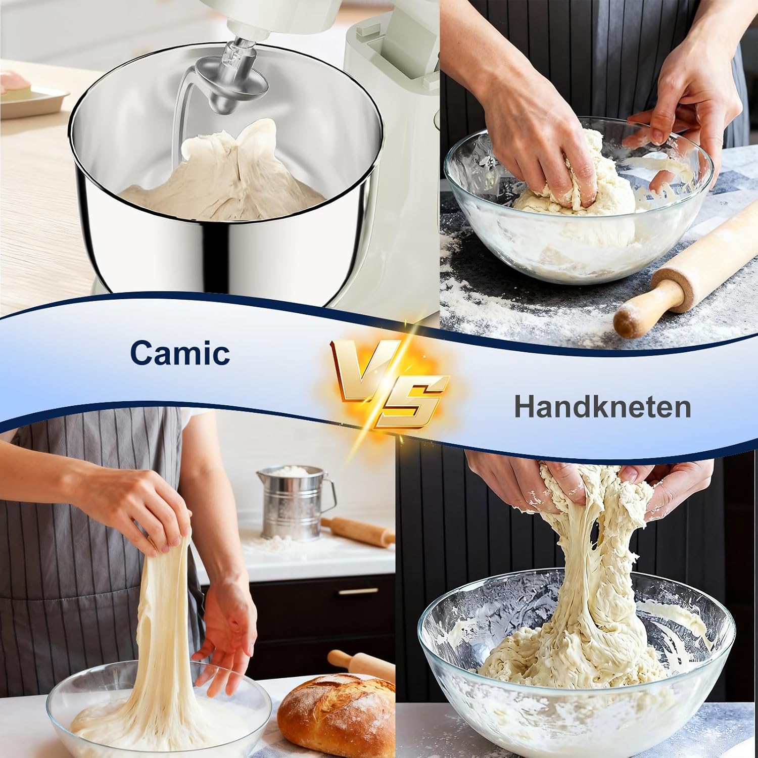 Camic Küchenmaschine mit 3 Zubehörteilen (Knet, Rühr, Schneebesen), Teigmaschine mit LED-Display, Zeit einstellen, 10 Geschwindigkeitsstufen, 2 Edelstahlschüsseln 4L+5L, für Teig, Brot, Pizza, Kuchen