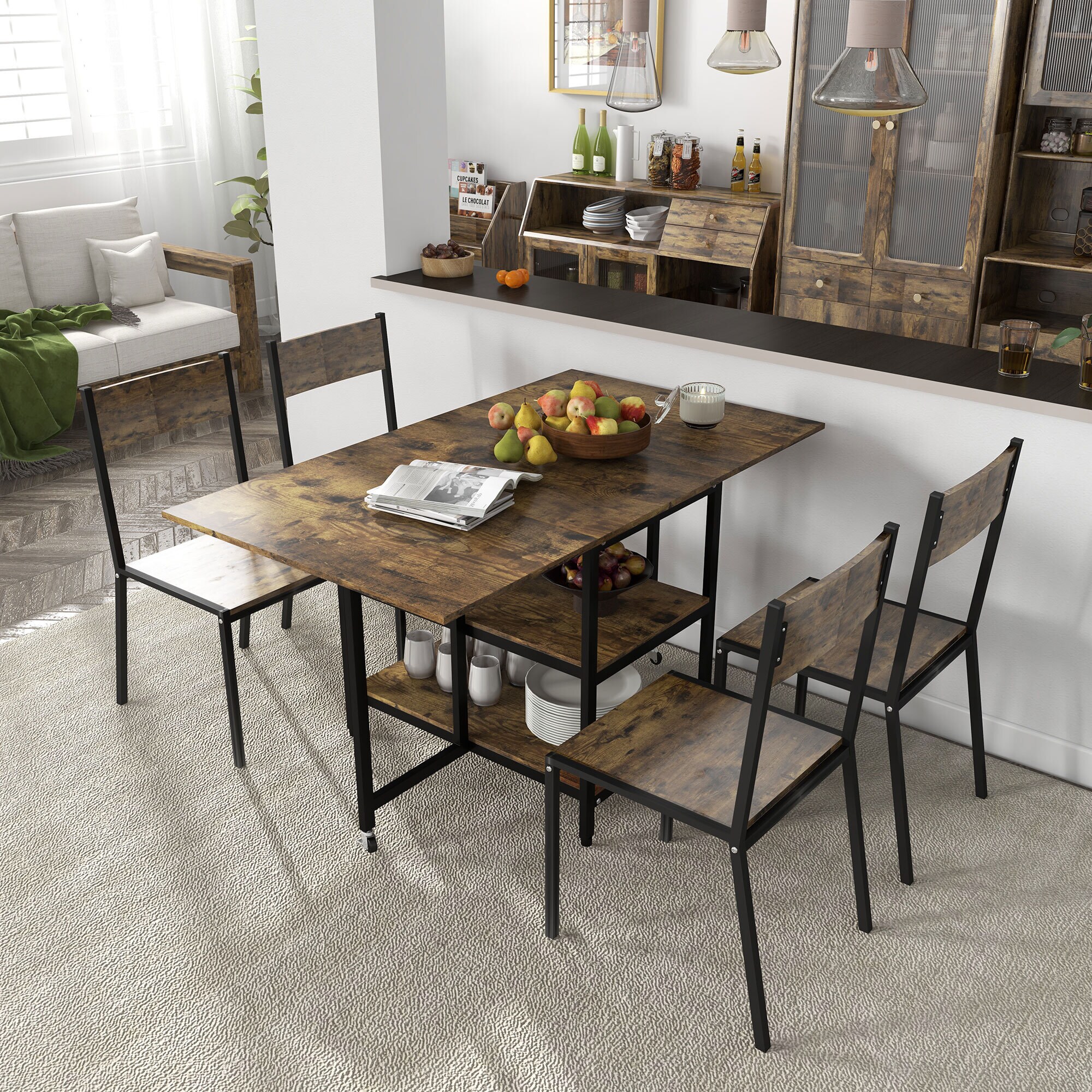 HOMCOM Klappesszimmertisch mit Rollen und 2 Ablageebenen braun 140L x 80B x 75H cm