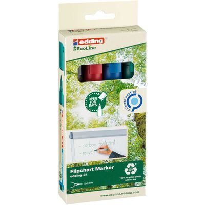 Edding EcoLine 31 - Pack de 4 marqueurs permanents - noir, rouge, bleu, vert