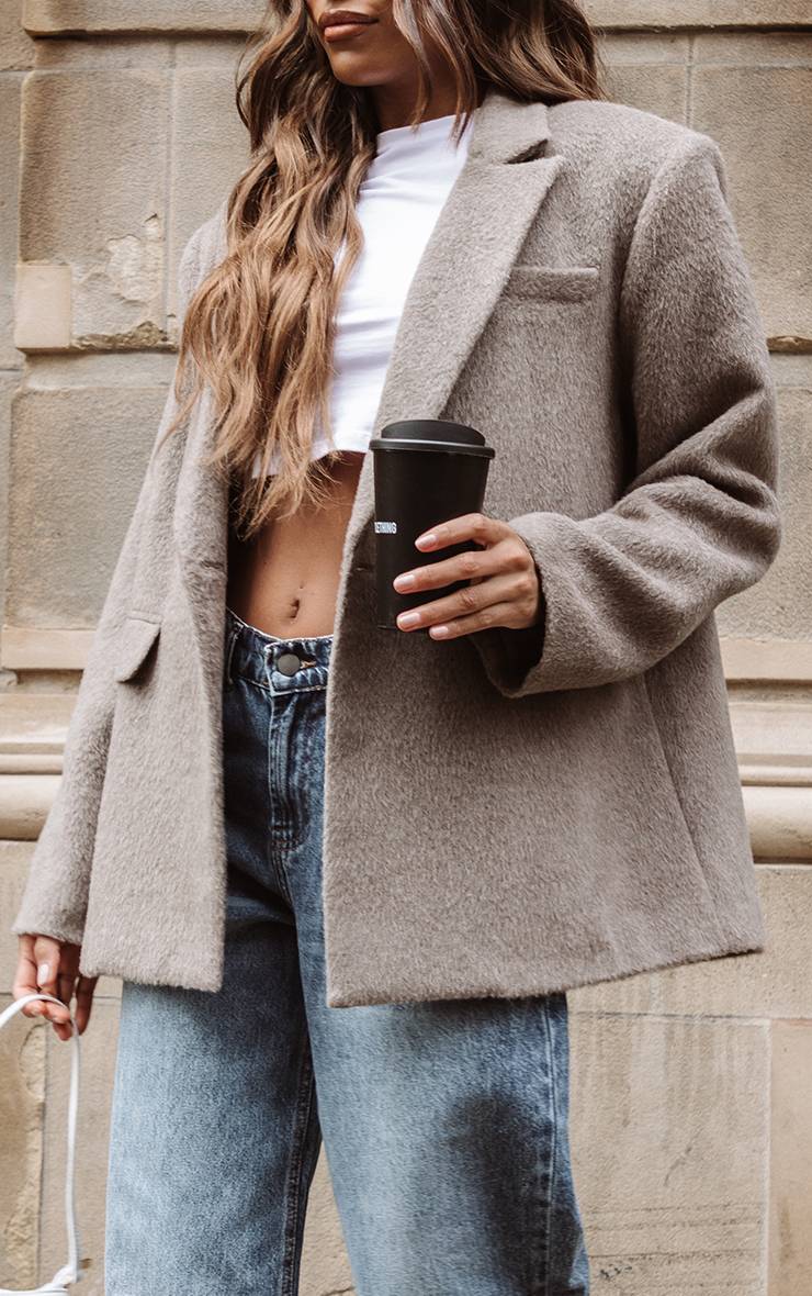Gris Souris Blazer Oversize Effet Laine Texturé