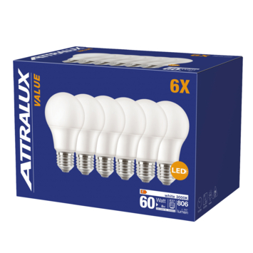 Attralux LED E27 60W 3000K frosted 6 stuks