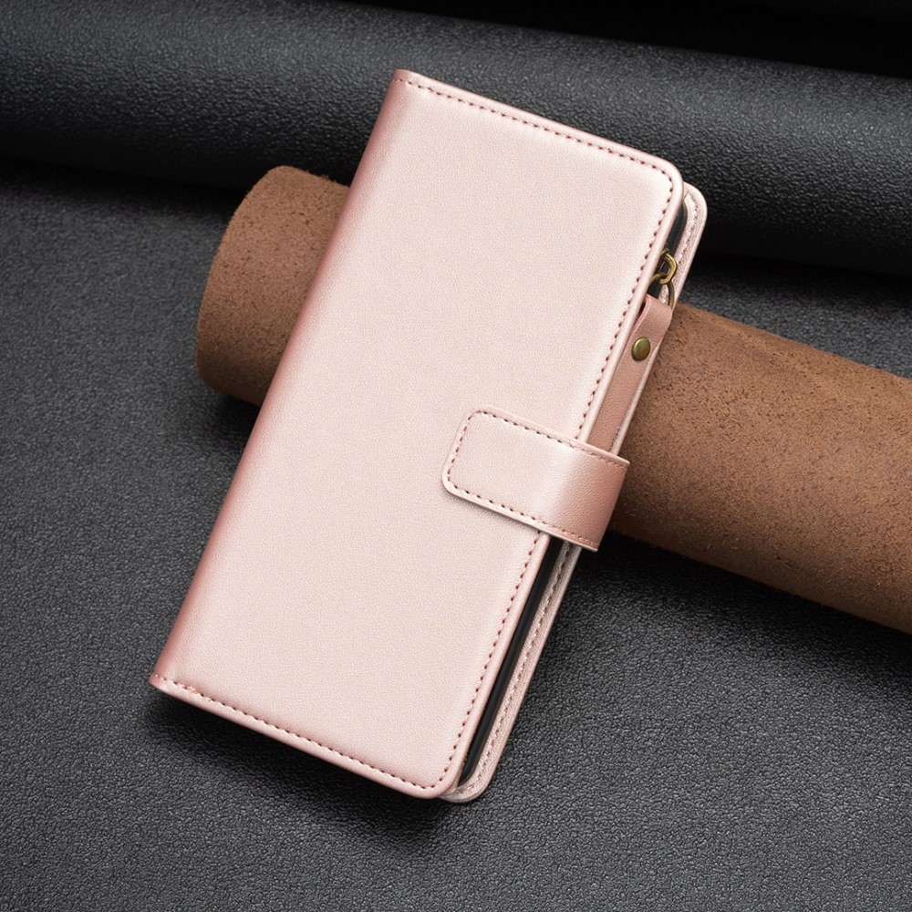 iPhone 15 Pro Leder Wallet Etui Tasche mit 9 Kartenfächern   Münzfach - Roségold