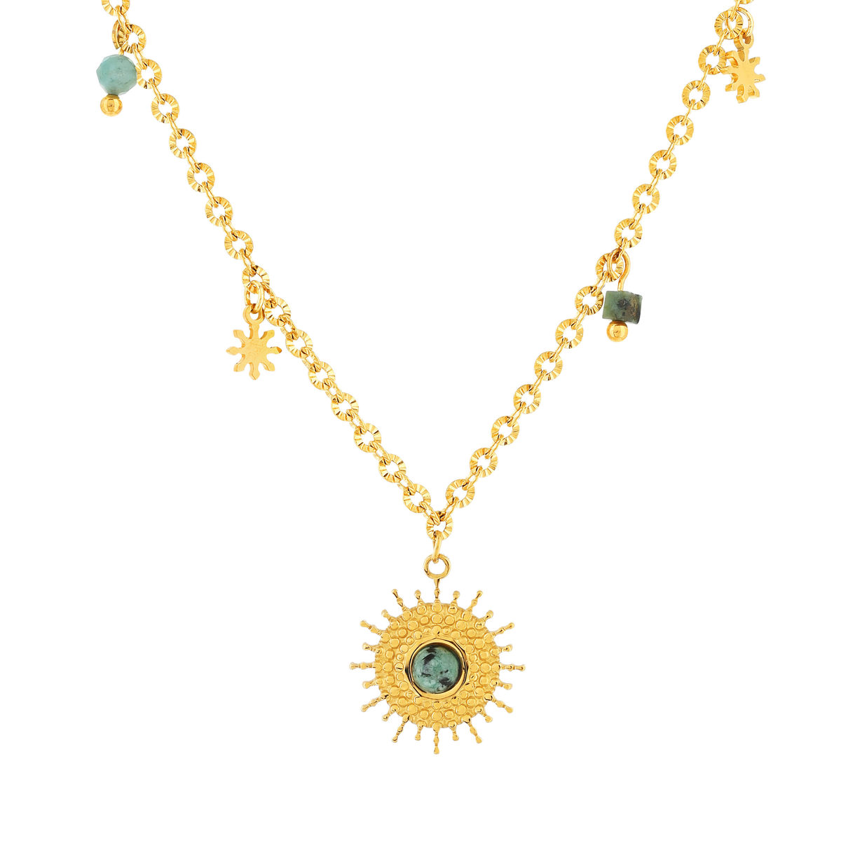 Collier acier jaune pierres naturelles soleil 43 cm