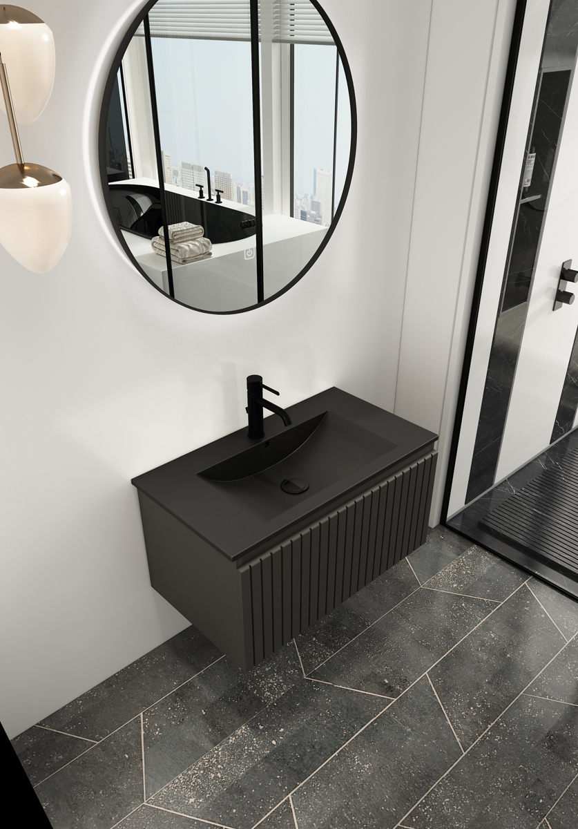 Fontana Lento zwart badmeubel ribbelfront 80cm met zwarte wastafel 1 kraangat en ronde spiegel