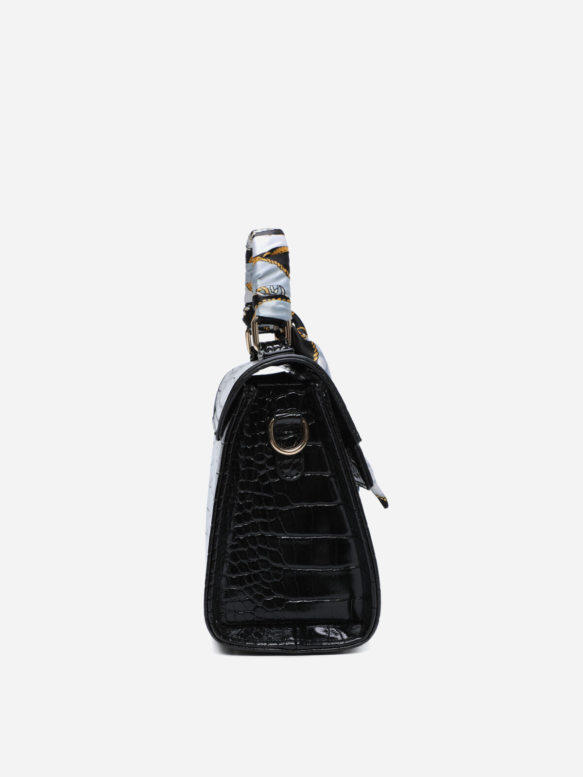 Sac à main effet croco avec foulard- Noir