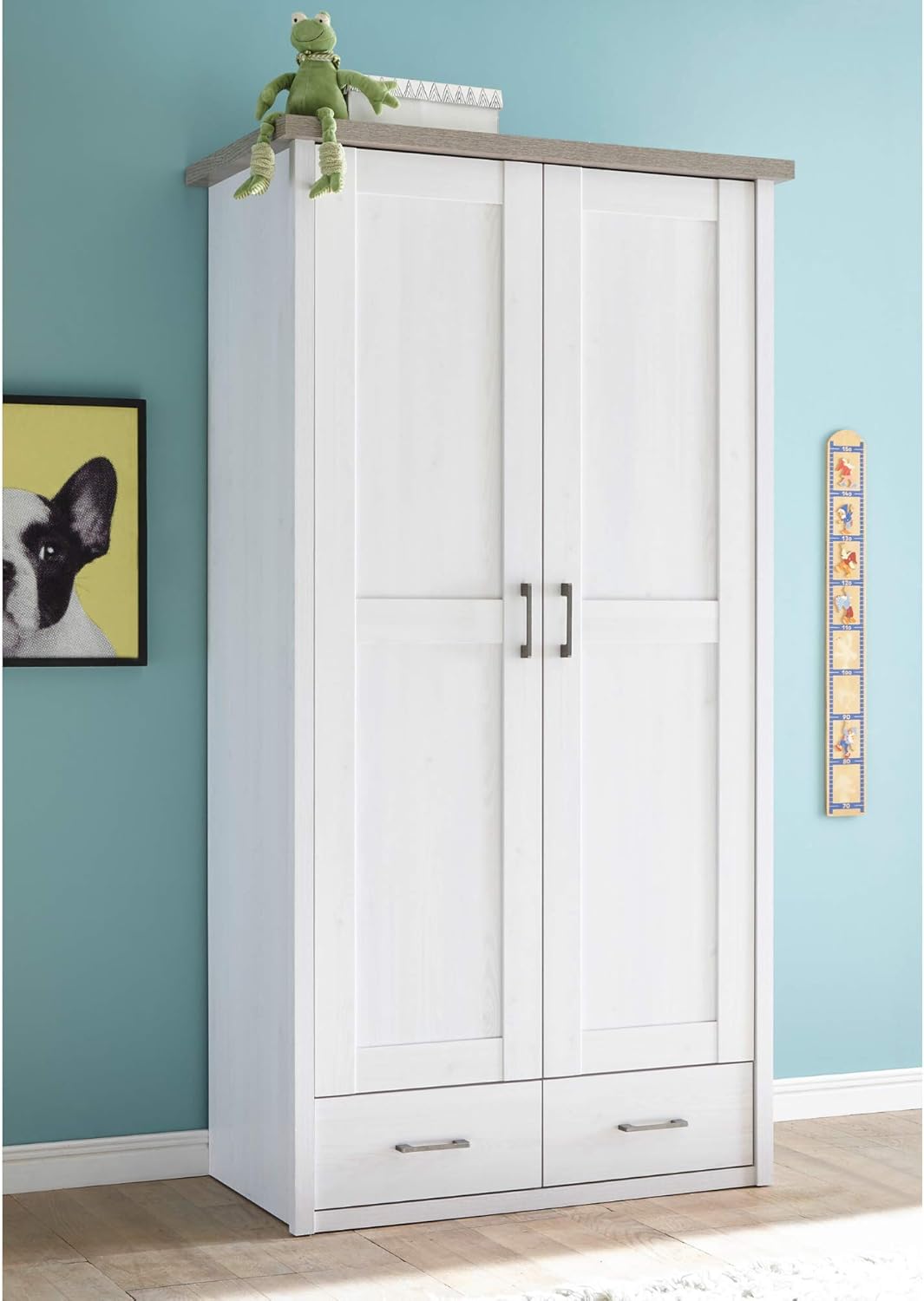 LUCA Eleganter Kleiderschrank Babyzimmer 2-türig - Vielseitiger Drehtürenschrank mit viel Stauraum in Pinie Weiß / Trüffel - 106 x 201 x 55 cm (B/H/T)
