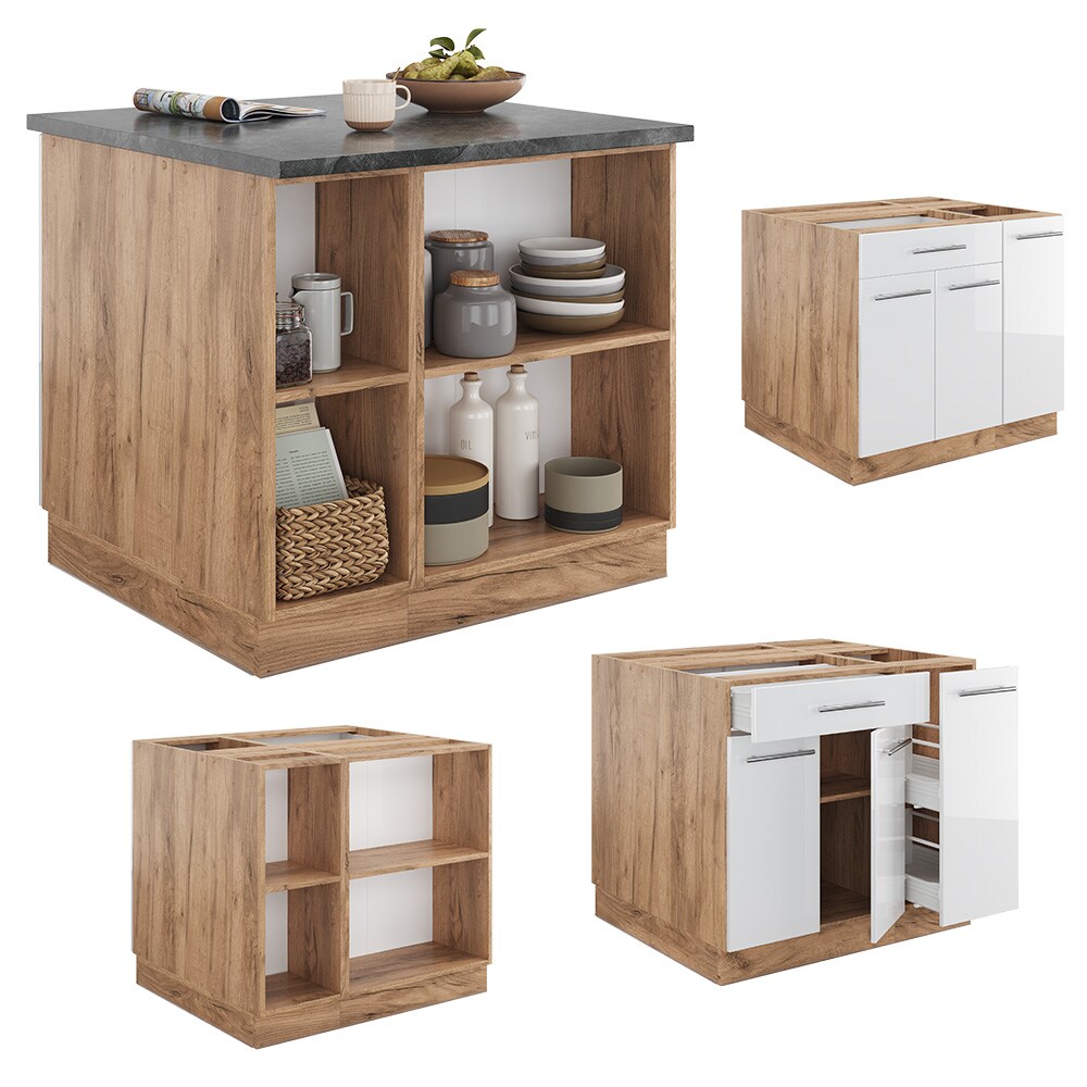 Vicco Kücheninsel Küchenblock Einbauküche Fame-Line Eiche Weiß 90 cm modern Hochglanz Küchen Schränke Apothekerunterschrank Schubunterschrank Regalinselunterschrank Softclose-Scharnier Küchenmöbel