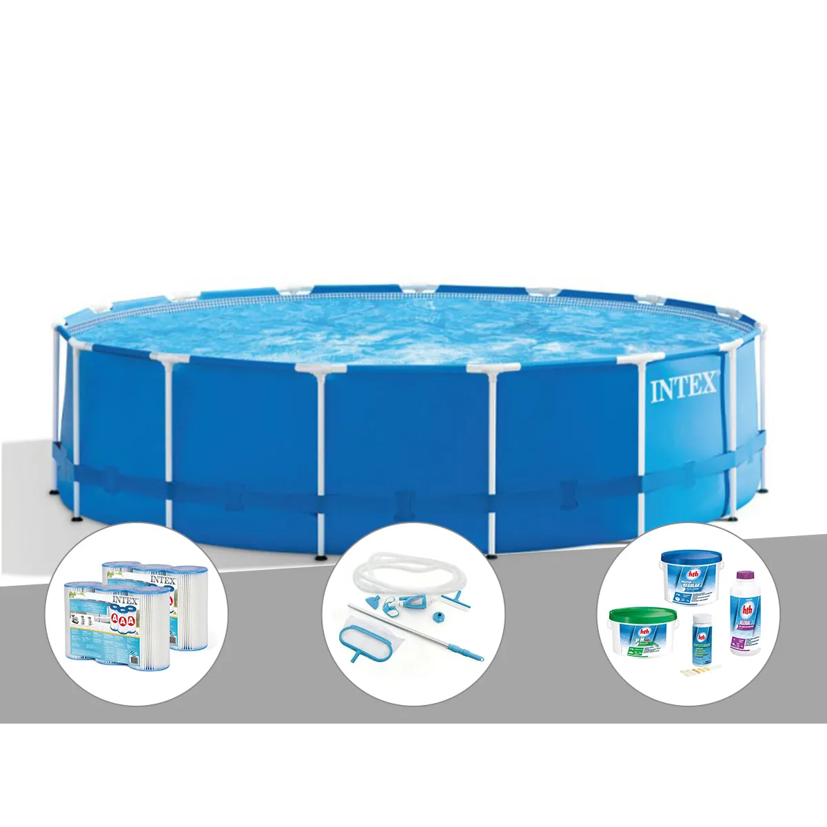 Kit piscine tubulaire Intex Metal Frame ronde 4,57 x 1,22 m + 6 cartouches de filtration + Kit de traitement au chlore + Kit d'entretien