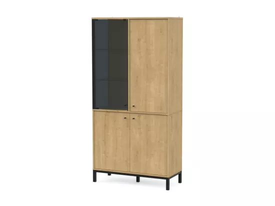 Vaisselier 4 portes battantes Chêne/Noir à LED - DORON - L 93 x l 40 x H 217 cm