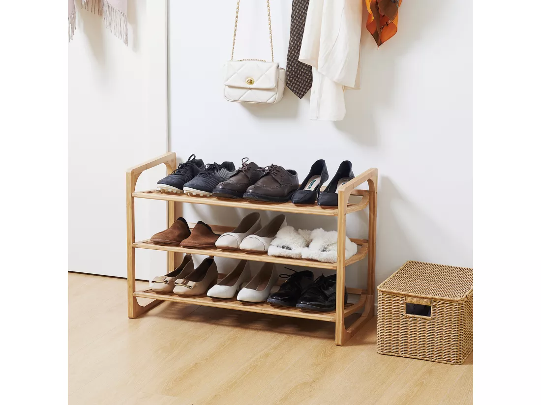 Étagère à chaussures bambou 3 étagères style naturel dim. 76L x 33l x 51H cm