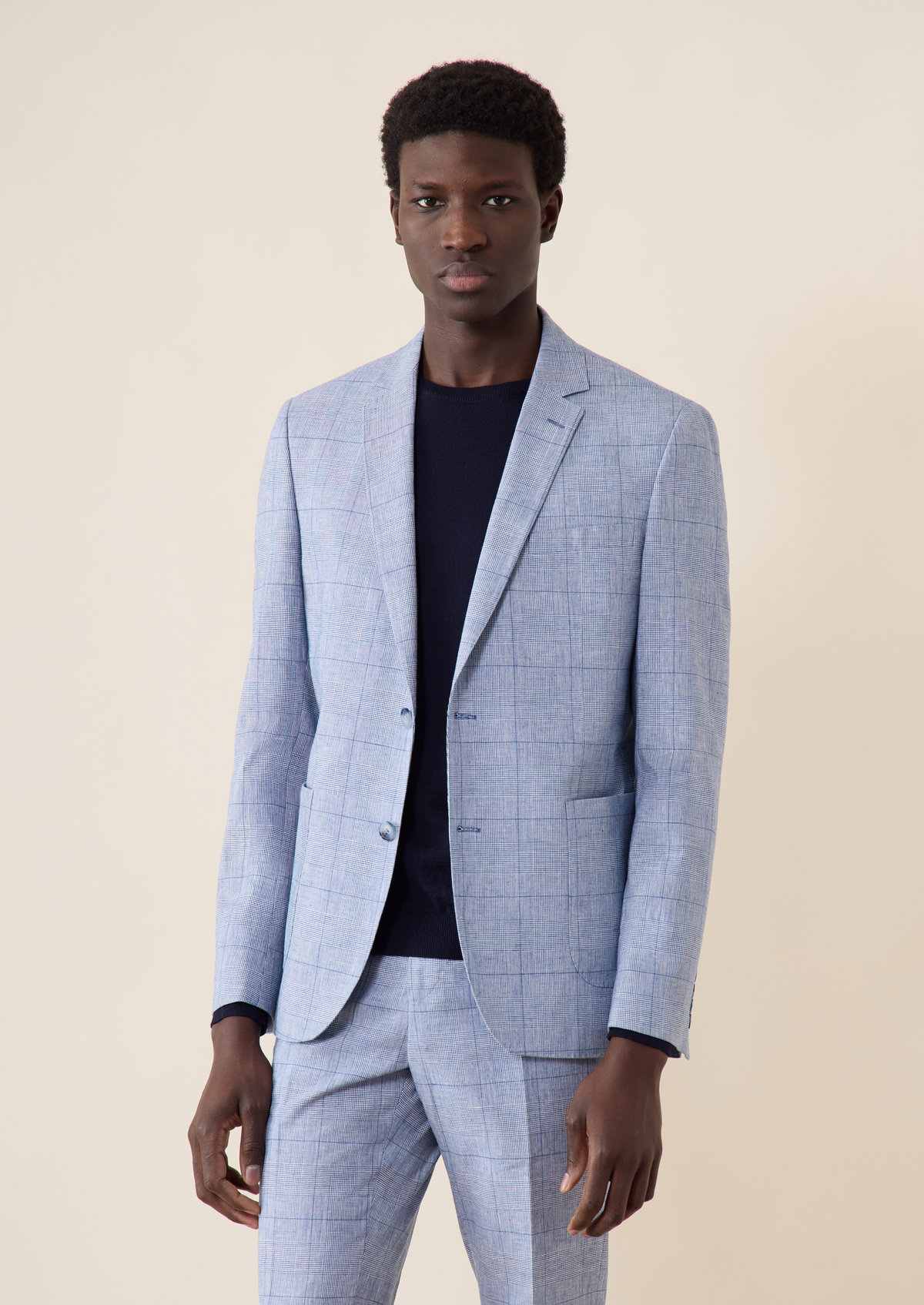 Veste coordonnable Regular en coton et lin bleu azur Prince de Galles