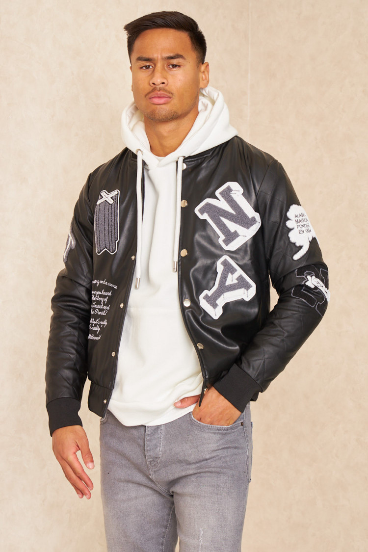Bomber en simili cuir noir brodée 