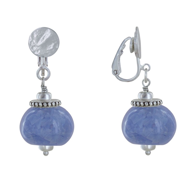 Boucles d'Oreilles Clip Métal Argenté et Grosses Perles en Céramique