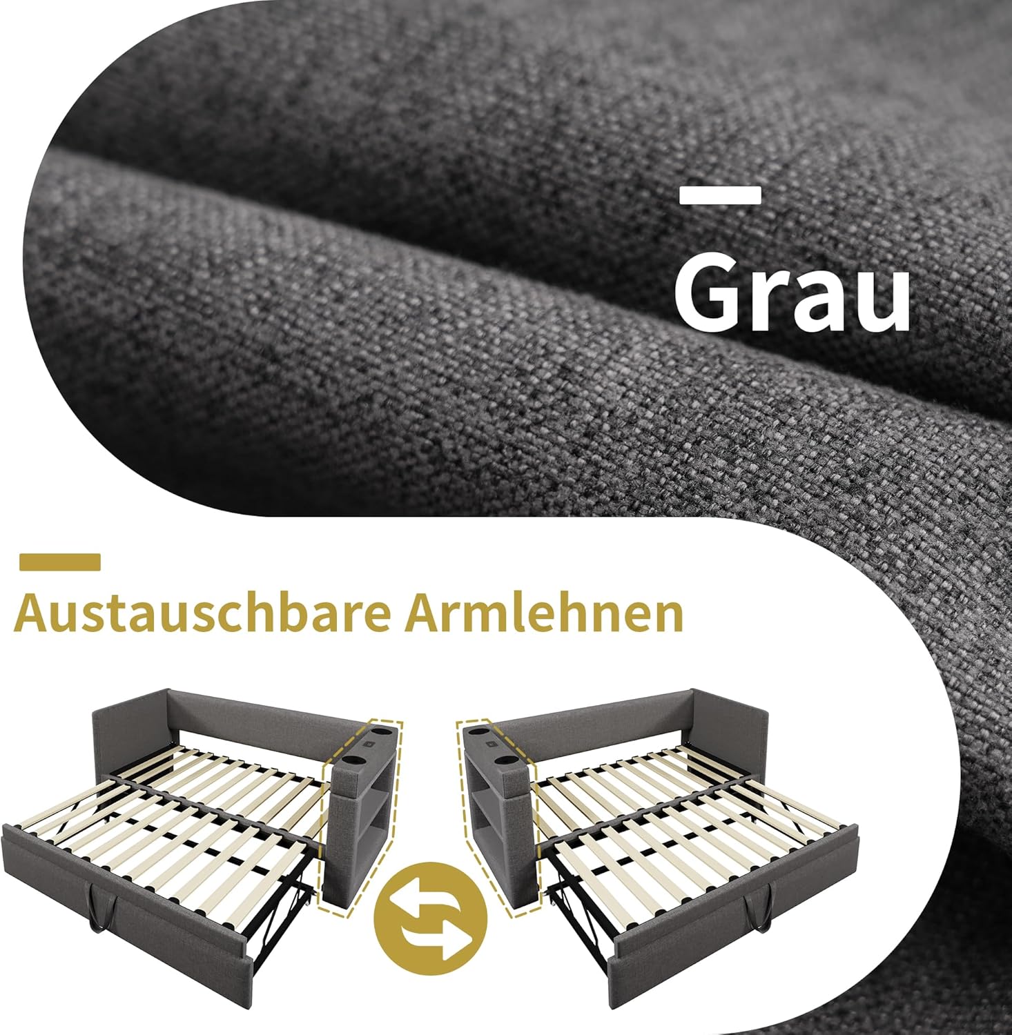 Merax Polsterbett Ausziehbares Schlafsofa 90/180x190 cm mit Lattenrosten, Daybett mit Ausziehbett, Armlehnen mit USB & Type-C Ladeanschluss und Getränkehalter, Leinen, Grau (ohne Matratze)