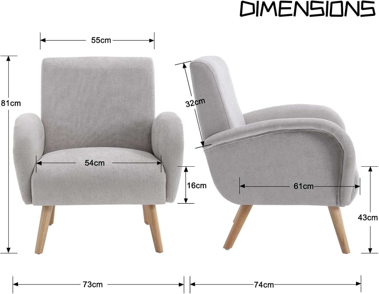 chairus Chenille Loungesessel Ohrensessel für Wohnzimmer Polstersessel Einzelsofa für Schlafzimmer Akzentstuhl Relaxsessel mit Holzbeinen (Grau)