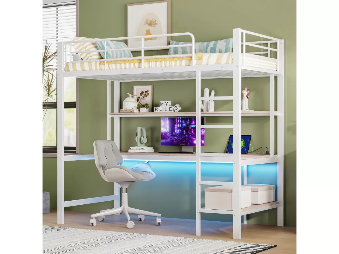 Lit mezzanine garde-corps et escabeau - 90 x 200 cm - avec USB et secteur - LED et bureau - sans matelas - métal - white