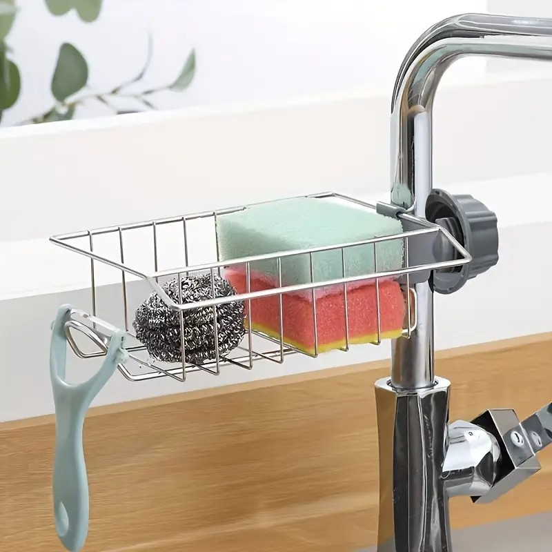 (17.5x11cm) Edelstahl Multifunktions Spülbecken Wasserhahn Organizer Küchen Waschbecken Halterung für Schwamm / Bürste / Lappen - Silber