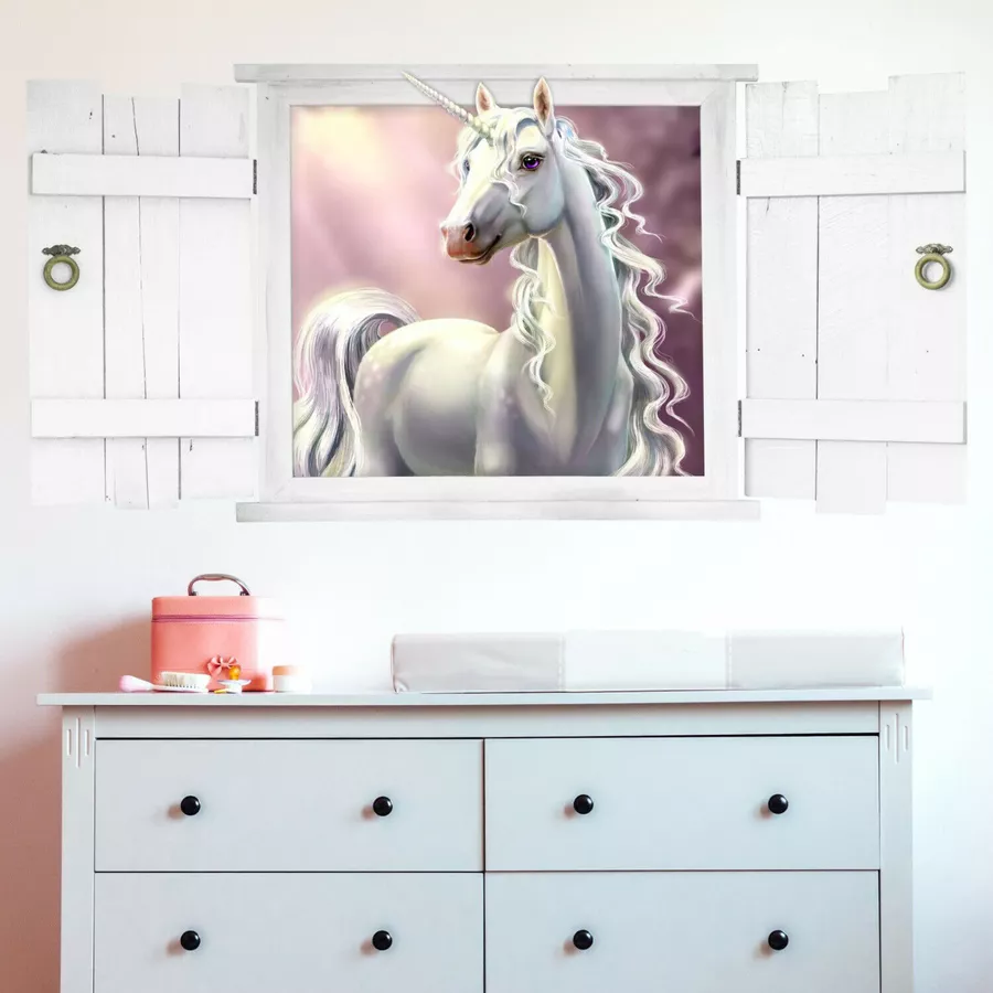 Nikima Wandtattoo 211 Einhorn im Fenster mit weißen Fensterläden in 6 vers. Größen lila