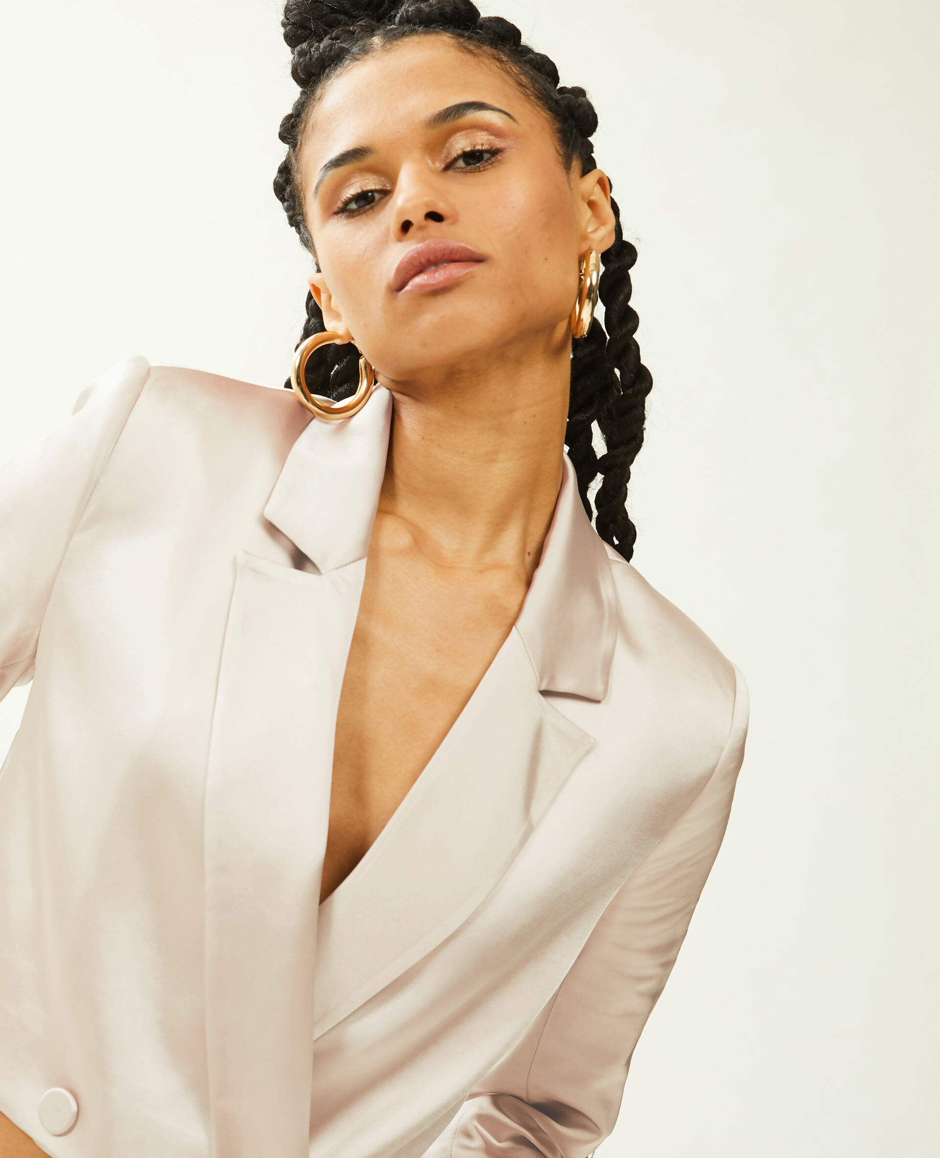 Veste blazer courte en satin - Écru