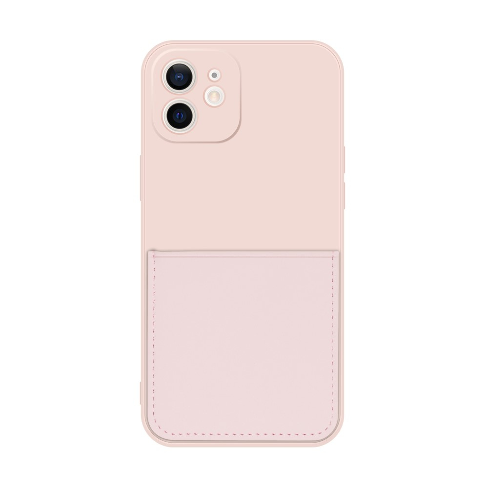iPhone 12 Gummi Case Hülle mit Leder Kartenfach - Rosa