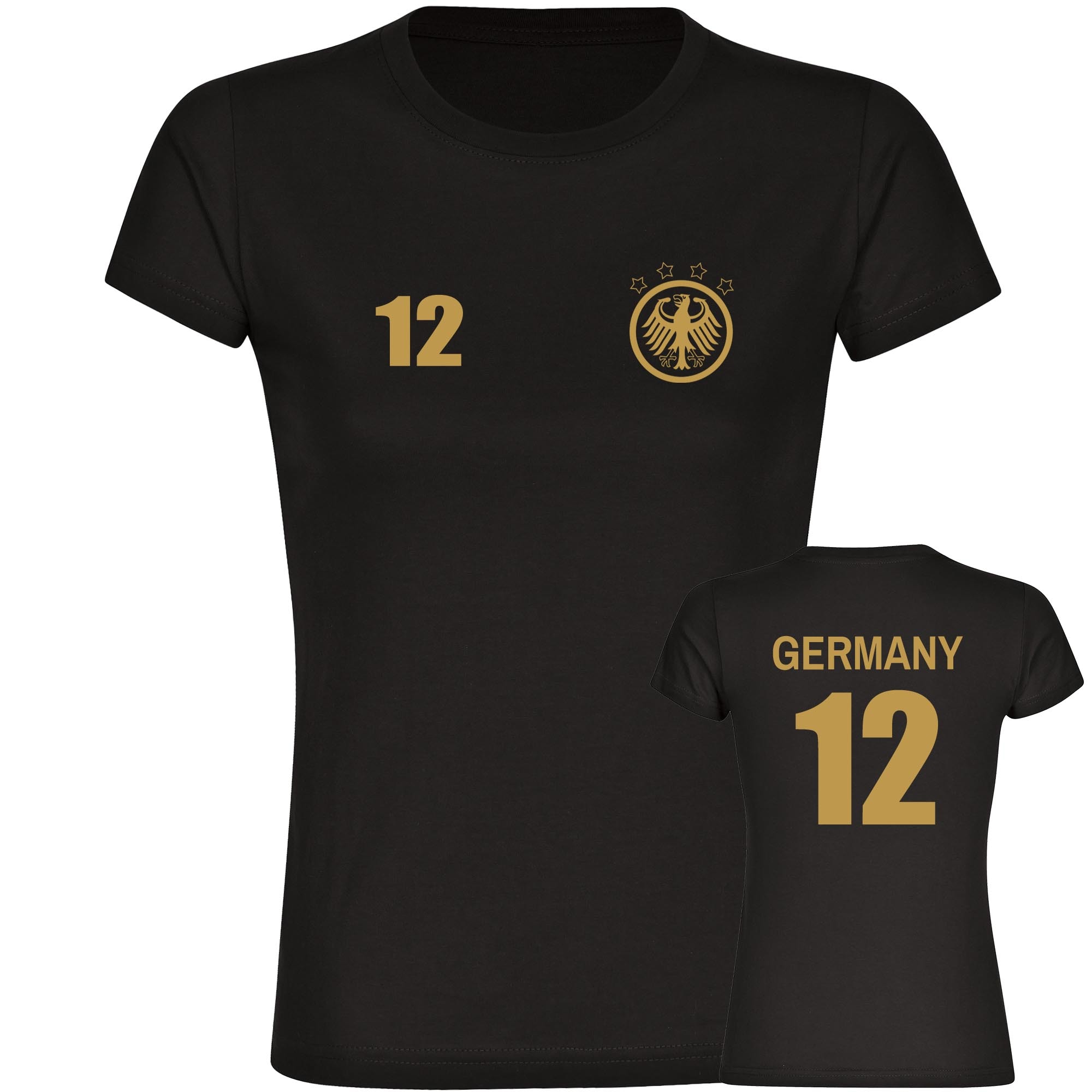 multifanshop® Damen T-Shirt- Germany - Adler Retro Trikot 12 Gold - Druck gold metallic