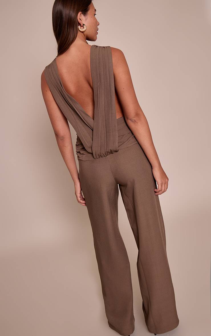 Beige Combinaison Pantalon Large En Tissu Tissé Col Rond Avec Détails Froncés