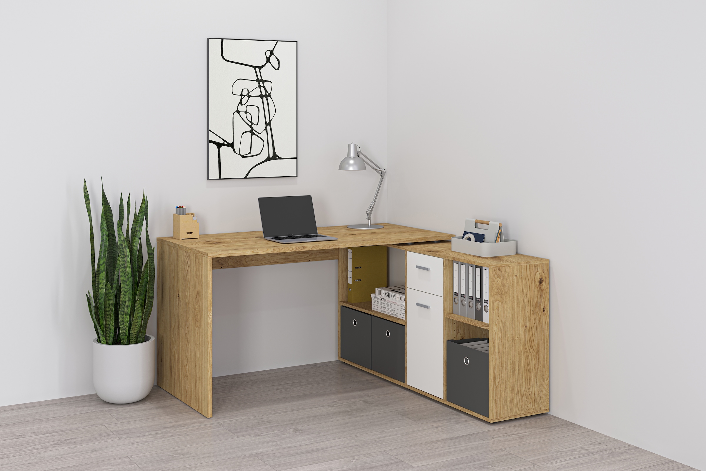 FMD Eckschreibtisch »Lexo« Schreibtisch/Sideboard viel Stauraum, beidseitig montierb., 136/205 cm