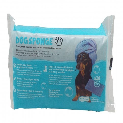 Esponja de banho azul para cães com shampoo.