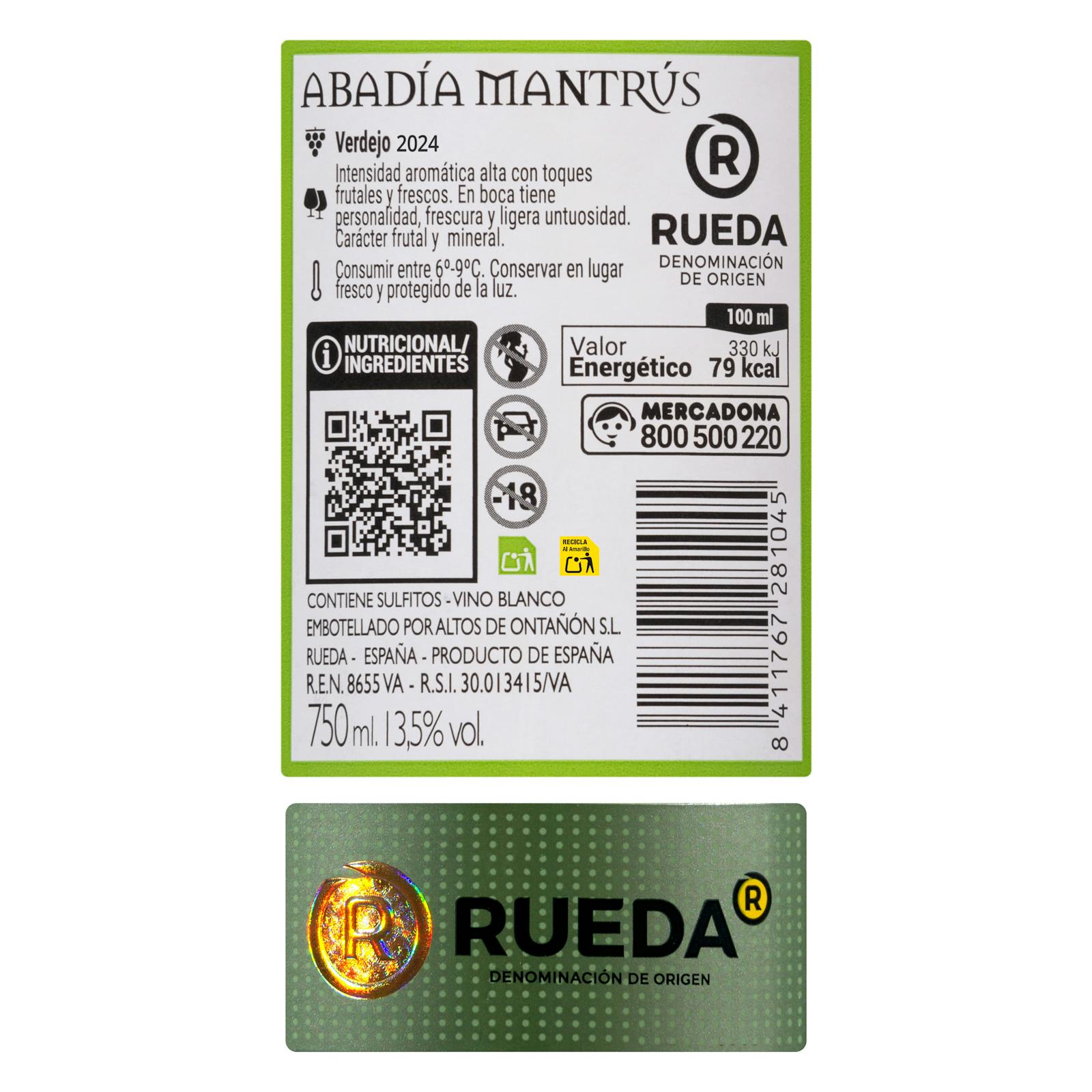 Vin blanc Verdejo de l'abbaye Rueda de Mantrús
