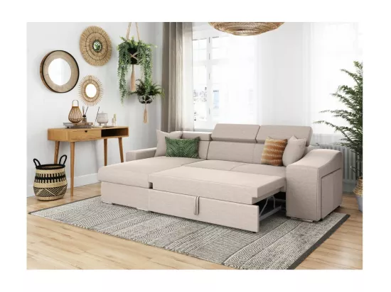 Canapé d'Angle Gauche Elona Convertible en Tissu - Beige - L264 x P162 x H75cm - Loungitude