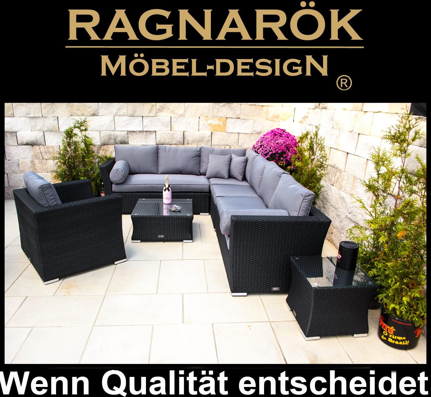Ragnarök-Möbeldesign PolyRattan Lounge DEUTSCHE Marke - EIGENE Produktion - 8 Jahre GARANTIE auf UV Besträndigkeit SCHWARZ Gartenmöbel Aluminium