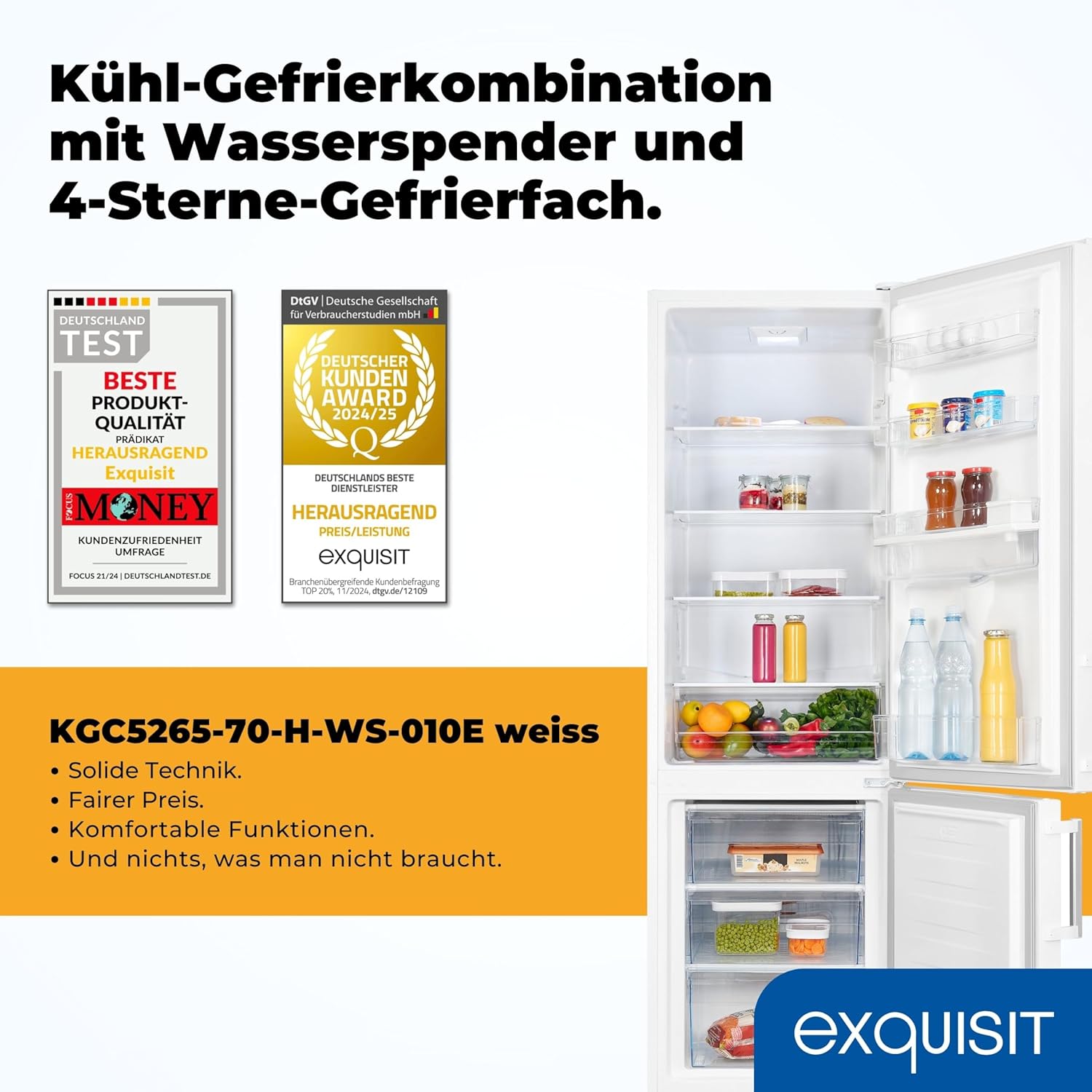 Exquisit Kühl-Gefrierkombination, 180 cm Höhe, Kühlschrank mit Gefrierfach, 268 Liter, Wasserspender, 4-Sterne-Gefrierfach, Temperaturregelung, KGC5265-70-H-WS-010E weiss