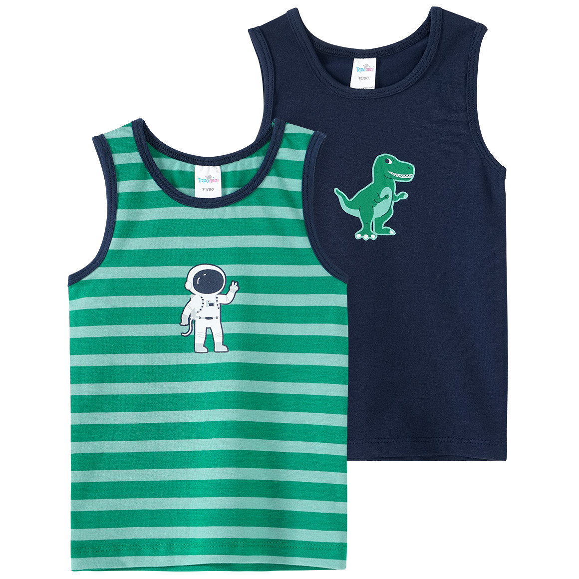 Topomini 2 Baby Unterhemden mit Prints grün / dunkelblau